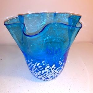 Turquoise art glass vase with white accents